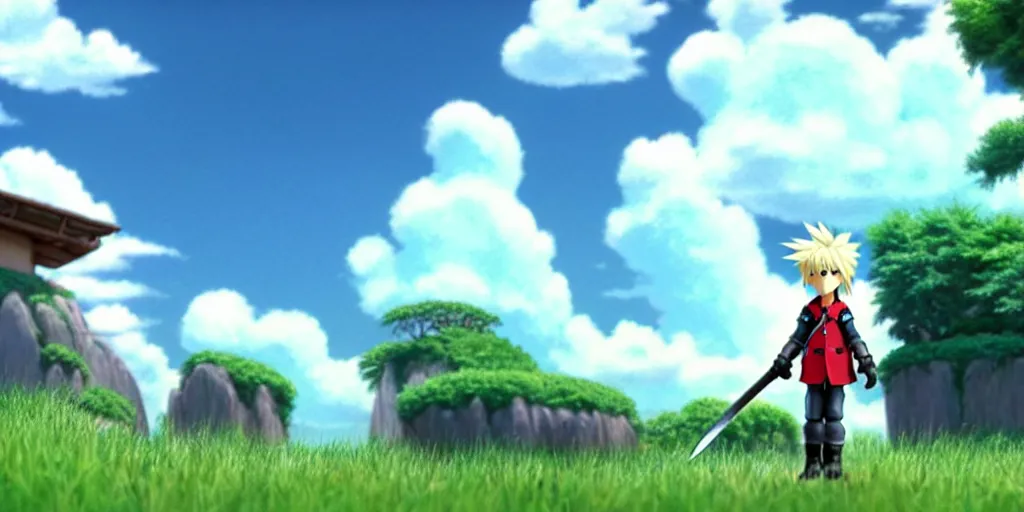 Prompt: a wholesome animation key shot of cloud strife studio ghibli pixar and disney animation sharp render