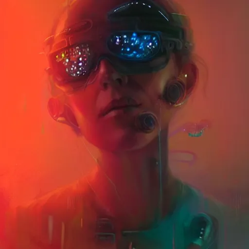 Image similar to female cyberpunk portrait by cy Twombly and BASTIEN LECOUFFE DEHARME, iridescent, volumetric lighting, neon glow