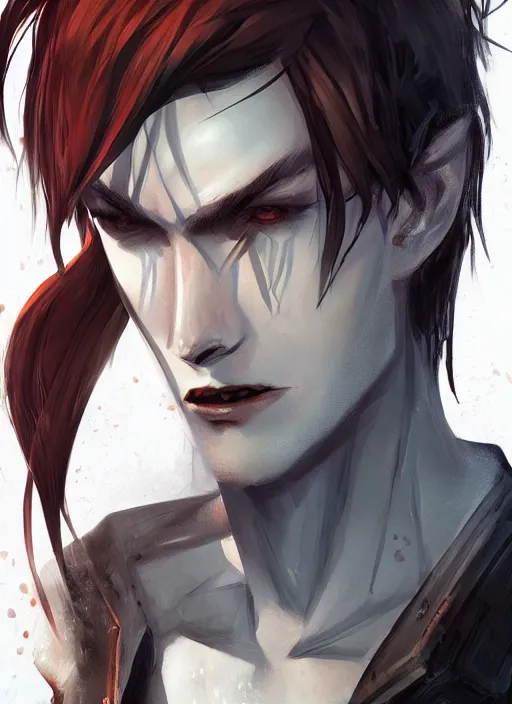 Image similar to detailed beautiful cool male character art depicting a vampire monster, concept art, depth of field, on amino, by sakimichan patreon, wlop, weibo, bcy. net, newgrounds high quality art on artstation.