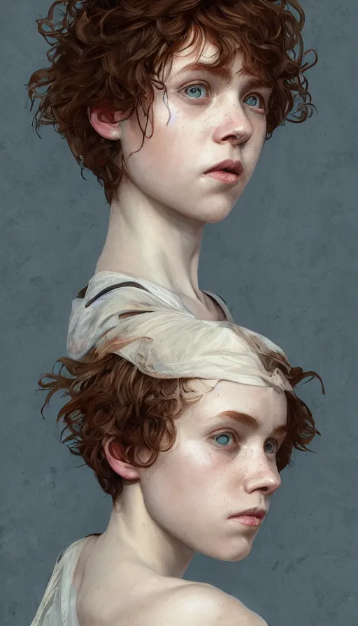 Image similar to Sophia Lillis, sweaty, insane, intricate, highly detailed, digital painting, artstation, concept art, smooth, sharp focus, illustration, Unreal Engine 5, 8K, art by artgerm and greg rutkowski and alphonse mucha