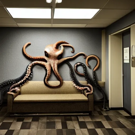 Prompt: a lobby of a mental health center, octopus on the wall, alligators walking around like people, depressed ghost sits and waits for his therapist.