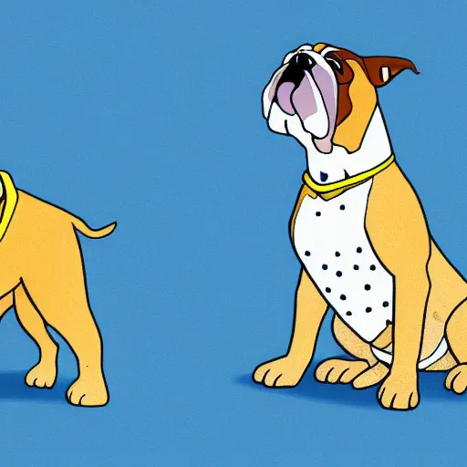 Prompt: a cartoon illustration of a bulldog on a blue background with a yellow head and a red collar with spikes
