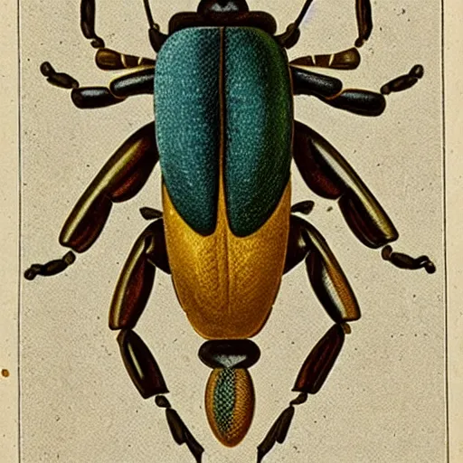 Prompt: 1 9 th century zoological illustration of vibrantly - colored beetles
