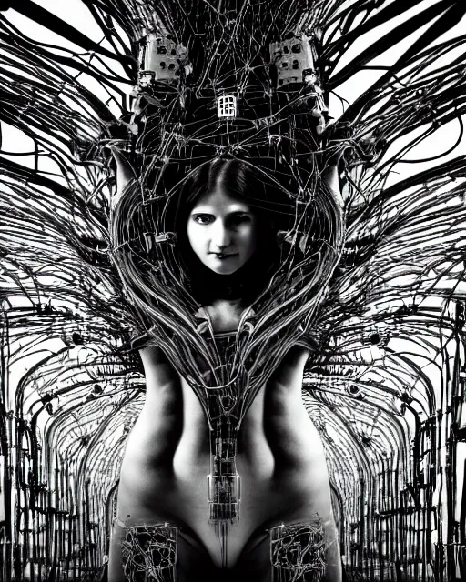 Image similar to black and white artistic photo, young female cyborg - plant goddess, microchip, artificial intelligence, bio - mechanical bio - luminescence, black wired cables, cinematic, rim light, photo - realistic, 8 k, in the style of dora maar and h. g. giger