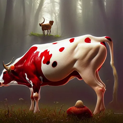 Image similar to many mushrooms sprouting from a cow's back. a cow with a red skin with white dots. highly detailed, digital painting, artstation, smooth, sharp focus, masterpiece, illustration, art by greg rutkowski and alphonse mucha