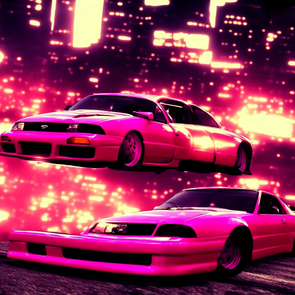 Prompt: need for speed underground 2, single car, drifting, vhs aesthetic, 9 0 s aesthetic, nice lighting, retrowave,