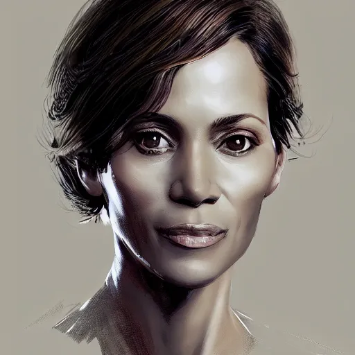 Image similar to portrait of maci holloway, first woman elected as president in usa, cold but beautiful, about 3 5 years old, highly detailed, mix of halle berry and julia roberts, gong li, olga kurylenko, artstation hd, deviantart, by artgem, greg rutkowski