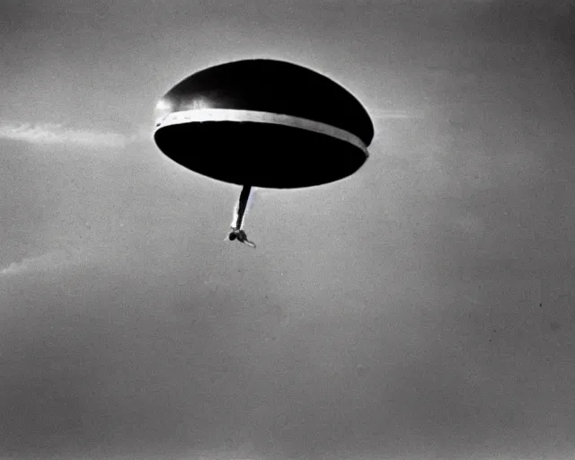 Prompt: photographic proof of the roswell flying saucer, early black and white photo, yellowed with age, cdx