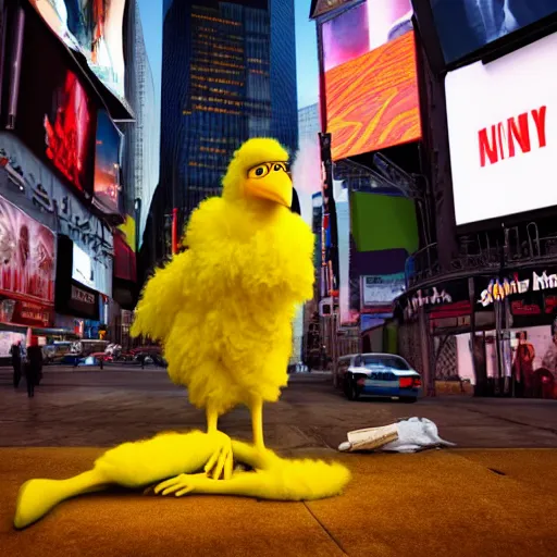 Image similar to big bird as a homeless hooker begging for fentanyl in times square, ultra detailed, 8 k, photorealism, rule of thirds, octane render, cosplay, cinematic lighting.