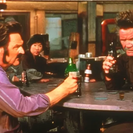 Image similar to deleted scene from Big trouble in little China, cinematic still, Jack Burton drinking beer, amazing shot