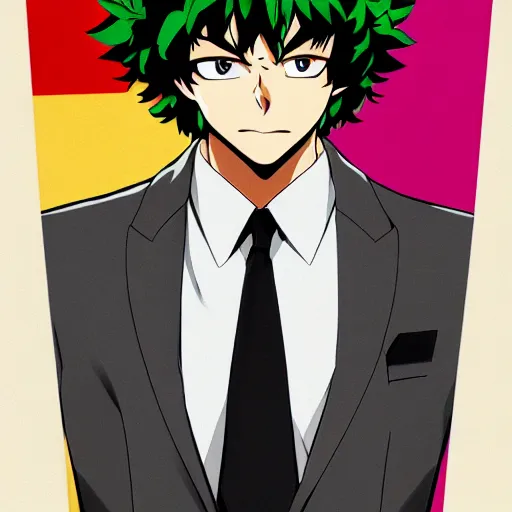 Image similar to full body elegant portrait of izuku midoriya, gta art, gta cover art, anime, abstract art