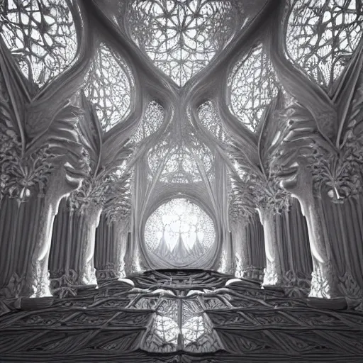 Prompt: a hyperrealistic 3 d render of a sprawling fractal cathedral interior populated by mandelbrot fractals, unreal engine, carved ivory, carved soap, white color scheme, physically based render, volumetric lighting, octane render, glowing, carved marble, opalescent, sacred geometry, catholicpunk, stark, 8 k, ultra detailed