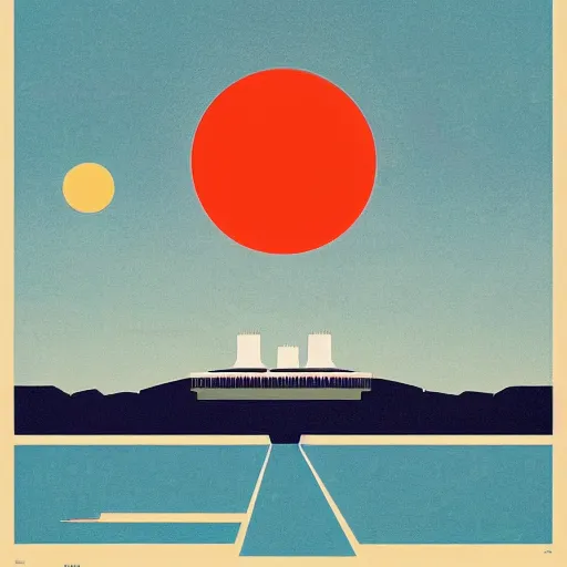 Image similar to a vintage travel poster for Onkalo Deep Geological Repository for Spent Nuclear Fuel, retro, art deco, minimal, colourful, tourism, etsy, artstation