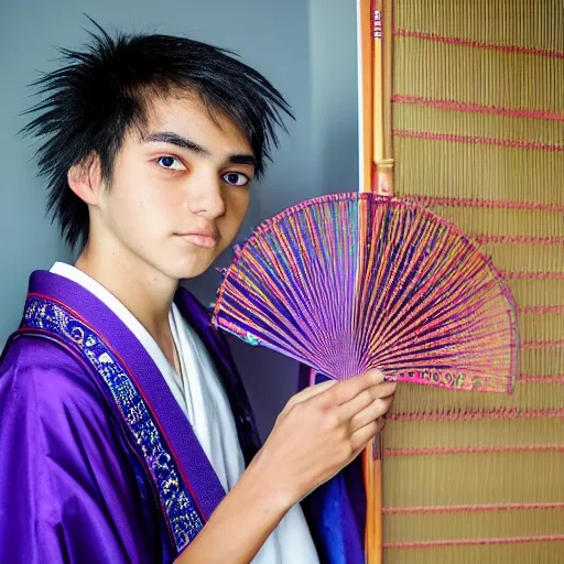 Prompt: teenager boy with straight indigo hair, purple eyes with red eye markers, slim body, wearing a detailed Japanese kimono, holding a japanese fan, Super-Resolution, HSL, 2-bit, VR, Uniform, Nano, Senary, RTX, insanely detailed and intricate, hypermaximalist, elegant, ornate, hyper realistic, super detailed, full body, full body shot, full image