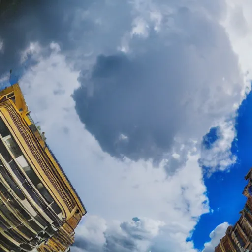 Image similar to walking around a city built on the clouds, GoPro, heaven, wide angle, photo realistic,