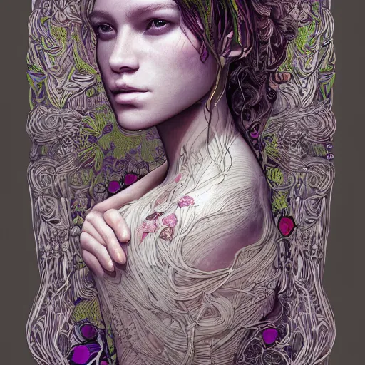 Prompt: the portrait of an incredibly beautiful woman made of potatoes roots and violets, an ultrafine detailed illustration by james jean, final fantasy, intricate linework, bright colors, behance contest winner, vanitas, angular, altermodern, unreal engine 5 highly rendered, global illumination, radiant light, detailed and intricate environment