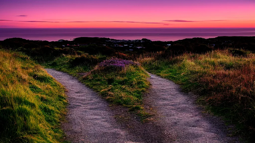 Image similar to 100 mm, 1/1000 sec, f/2.8, ISO 100 glorious magical cinematic scene of a trail on howth hill just after sunset