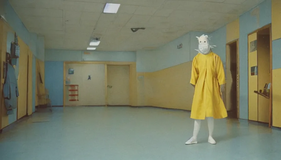 Prompt: 60s movie still of a white japanese female phantom mask in an empty soviet stalinist style hospital with yellow tiles floor with light blue beds, cinestill 800t 35mm technicolor, heavy grain, high quality, higly detailed, liminal space