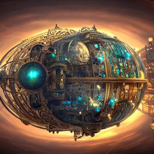 Image similar to enormous flying city in a gigantic faberge egg, sky, steampunk, floating islands, fantasy art, unreal engine,