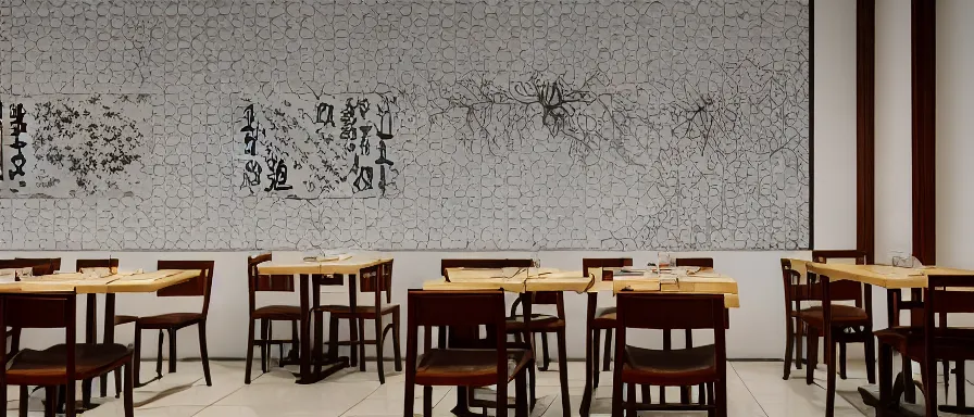 Image similar to a beautiful simple interior 4 k hd wallpaper illustration of small roasted string hotpot restaurant restaurant pagoda hill, wall corner, from china, wallpaper with pagoda and mountain and white tile floor, rectangle white porcelain table, black chair, fine simple delicate structure, chinese style, simple style structure decoration design, victo ngai, 4 k hd