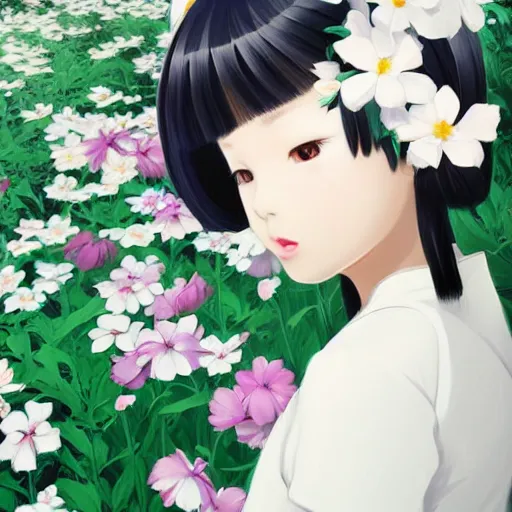 Image similar to little chinese girl with flowers in hair wearing an white dress. art by ilya kuvshinov, profile picture, inspired in hirohiko araki, realistic, highly detailed, 8 0 s anime art style, vogue cover