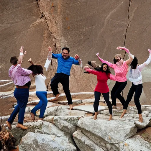 Prompt: group of people dancing and falling down a cliff