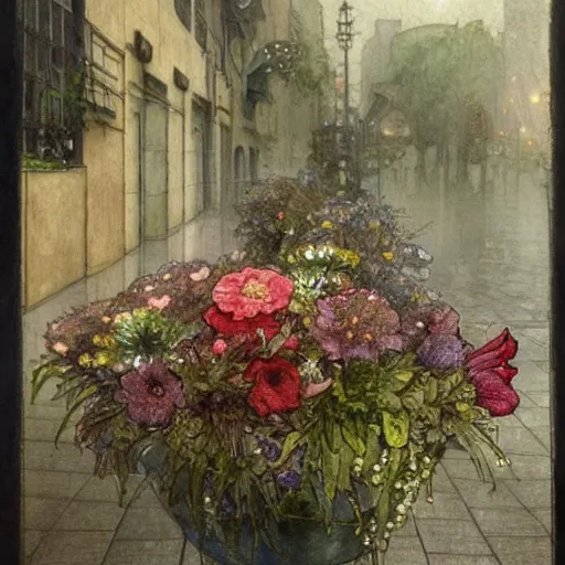 Image similar to a beautifull intricate watercolor painting of potted planter with flowers inside sitting on wet sidewalk, reflexions, raindrops, high details by william turner art, greg rutkowski and alphonse mucha, trending on artstation, very very detailed, masterpiece,