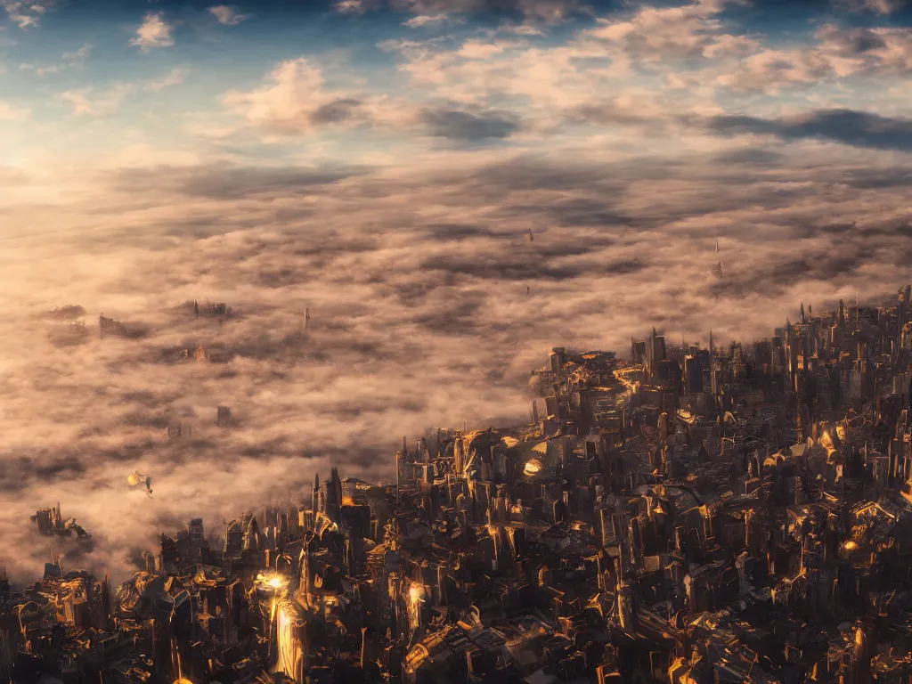 Image similar to city above the clouds，pure white and gold, fantasy artwork, very beautiful scenery, hdr, ue5, unreal engine 5, cinematic 4k wallpaper, 8k, ultra detailed, high resolution, artstation, award winning.