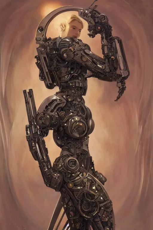 Image similar to organic cyborg holding a weapon, art deco,soft lighting, sci fi fantasy, intricate, elegant, highly detailed, lifelike, photorealistic, digital painting, artstation, illustration, concept art, smooth, sharp focus, art by John Collier and Albert Aublet and Krenz Cushart and Artem Demura and Alphonse Mucha