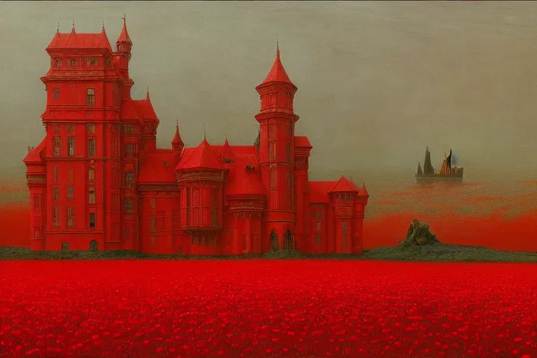 Image similar to only with red, red flowers of different types, red castle in background, red medieval goblins, in the style of beksinski, parts by edward hopper, parts by rodcenko, parts by yue minjun, intricate and epic composition, red by caravaggio, insanely quality, highly detailed, masterpiece, red light, artstation, 4 k