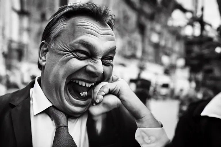 Prompt: viktor orban laughing hard by peter lindbergh