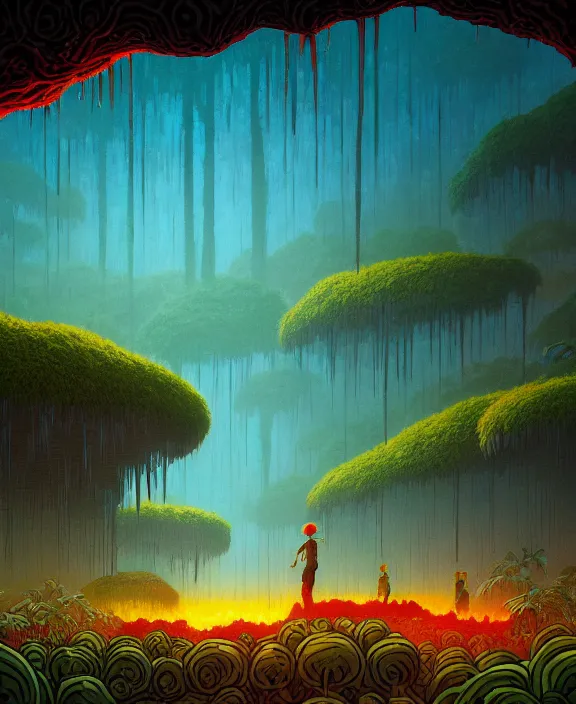 Prompt: simplicity, an simple structure made out of exotic fungus, overgrown with lush floral jungle, milky way, hellscape, hell, fire, brimstone, lava, by dan mumford, yusuke murata, makoto shinkai, ross tran, cinematic, unreal engine, cel shaded, featured on artstation, pixiv