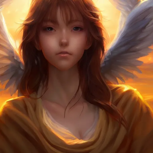 Image similar to an oil painting of a beautiful anime girl with angel wings, by artgerm, wlop and greg rutkowski, hd, hdr, ue 5, ue 6, unreal engine 5, cinematic 4 k wallpaper, 8 k, ultra detailed, high resolution, artstation, award winning