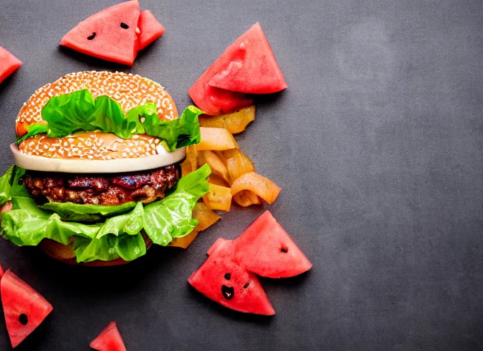 Image similar to dslr food photograph of burger with watermelon on it, 8 5 mm f 1. 8