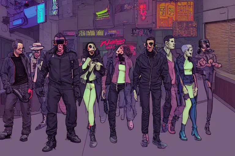 Image similar to cyberpunk heist crew entering club. portrait by stonehouse and mœbius and will eisner and gil elvgren and pixar. character design. realistic proportions. dystopian. cyberpunk 2 0 7 7 character art, blade runner 2 0 4 9 concept art. cel shading. attractive face. thick lines. the team. diverse characters.