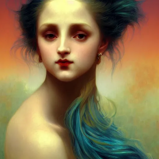 Image similar to a beautiful stunning interesting detailed fantasy whimsical matte digital portrait illustration of a mermaid with turqoise hair, yellow-orange and red-violet sunset, spectacular sunset, in the style of William Adolphe-Bouguereau and Marc Simonetti, magic the gathering, trending on artstation hq, contest winner