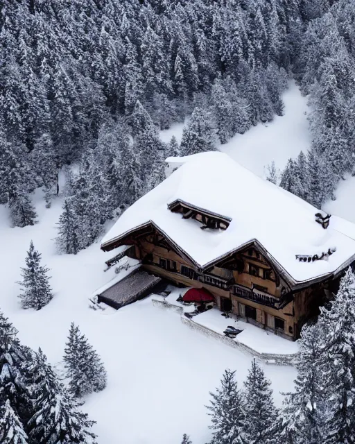 Image similar to hidden mansion in the alps with snow covered roof, zoomed out, shot from drone, iphone capture