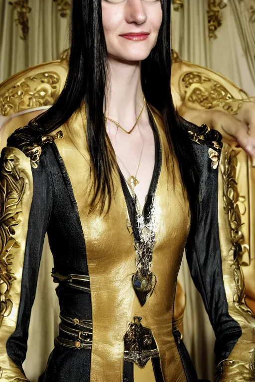 Image similar to A beautiful portrait of Daria Strokous smiling as mistress Denna from The Legend of The Seeker as a Versace fashion model Spring/Summer 2010, highly detailed, in the style of cinematic, Getty images, Milan fashion week backstage, Extreme close up, Makeup by Pat McGrath, Hair by Guido Palau, Greg rutkowski