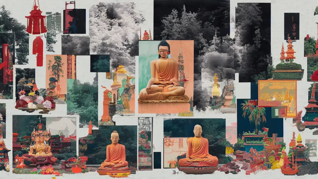 Prompt: an arrangement of buddhism traveller props, japan, a collage painting, in the style of wes anderson, lola dupre, david hockney, isolated on negative white space background dark monochrome neon spraypaint accents volumetric octane render