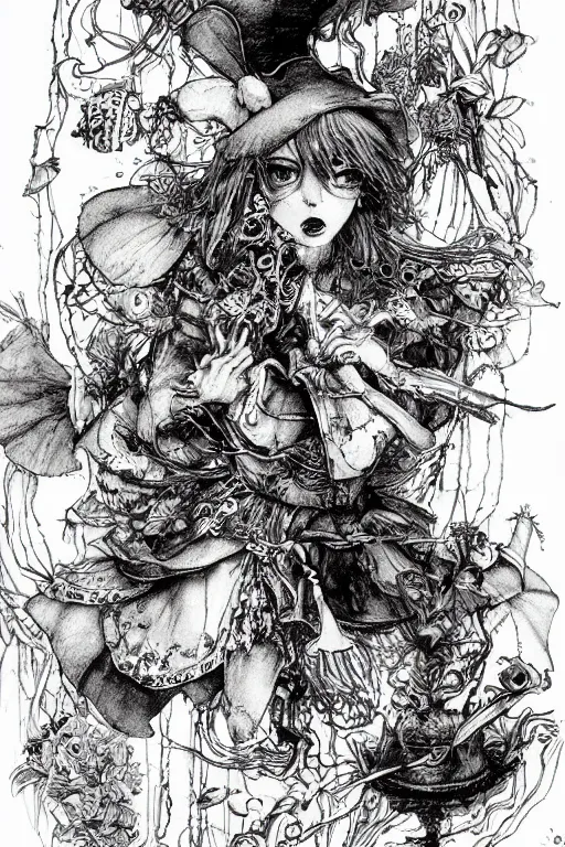 Image similar to Angry Alice in wonderland tarot card , pen and ink, intricate line drawings, by Yoshitaka Amano, Ruan Jia, Kentaro Miura, Artgerm, watercolor