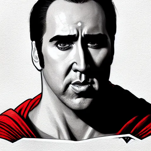 Image similar to upper body portrait of nicolas cage as superman, intricate, elegant, highly detailed, digital painting, artstation, concept art, smooth, sharp focus, illustration, art by artgerm and greg rutkowski and alphonse mucha, award winning, 8 k