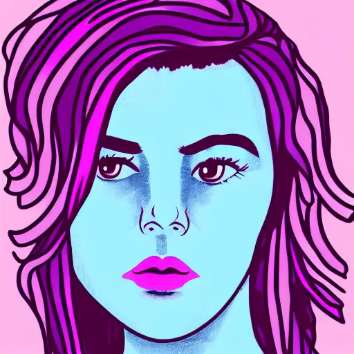 Image similar to illustration of a woman with pink hair and purple eyebrows in the style of natalie foss