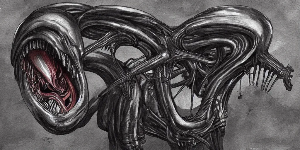 Image similar to “painting of xenomorph in the style of HR Giger”