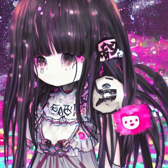 Prompt: sanrio glitchcore yokai girl, shadowverse character concept, found footage horror, glitter gif | Fatalistic (Bleak, Gloomy) | d anime decora gyaru kawaii fashion model, v tuber, darling in the frank,asuka, anime best girl, with glitch and scribble effects, psychedelic colors, 3d render octane, by wlop, wenjr, beeple, artstation,imaginefx