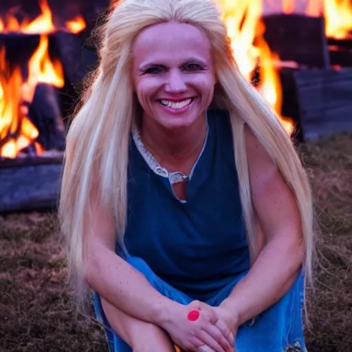 Image similar to photo of hillbilly smiling with long blonde hair around a bonfire, symmetric face