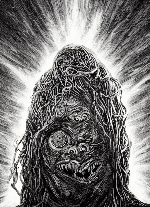 Image similar to portrait of lovecraftian smiling jerma, surrounded by beams of light dark background by wayne barlow, stanley donwood, anton semenov, zdzislaw bekinski, hr giger, 8 k, fantasy, dark, highly detailed