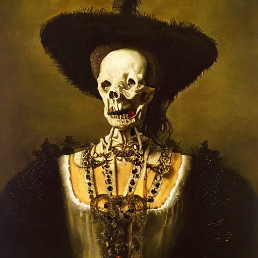 Prompt: oil painting portrait dark background of a witch with a strange disturbing face made of flowers and bones wearing an elizabethan ruff, by rembrandt van rijn
