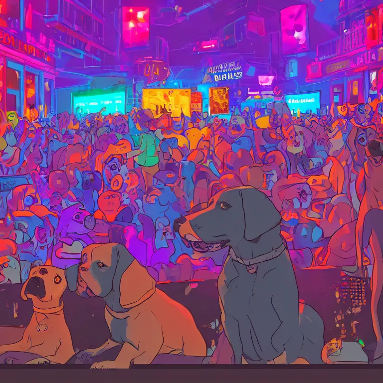 Image similar to two dogs, watching a pop concert, bright colorful lights, crowded, excited atmosphere, digital art, concept art, trending on artstation, cinematic lighting