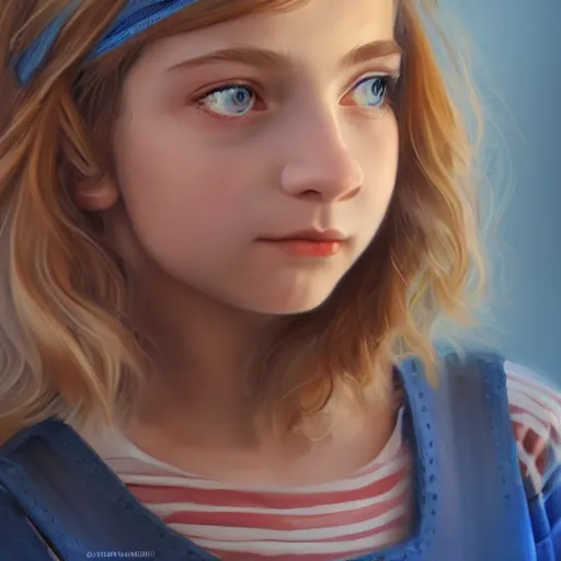 Prompt: a girl who looks like a mixture between Freya Allan and Mckenna Grace, dark blonde wavy hair, wearing blue jumper overall, scifi, highly detailed portrait, digital painting, artstation, concept art, smooth, sharp foccus ilustration, Artstation HQ