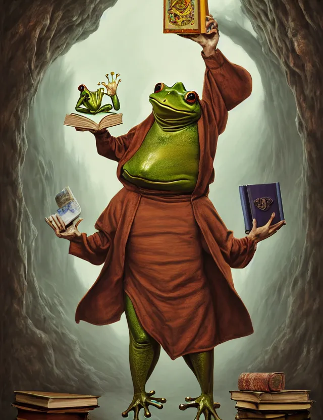 Prompt: anthropomorphic bipedal frog that is dressed as a medieval librarian, and holding a giant book, as a matte oil painting, d & d character reveal, by alex grey, standing, fullbody, floating bubbles, loose papers, fog, mystic, bright, concept art, award - winning, extremely detailed, sharp focus